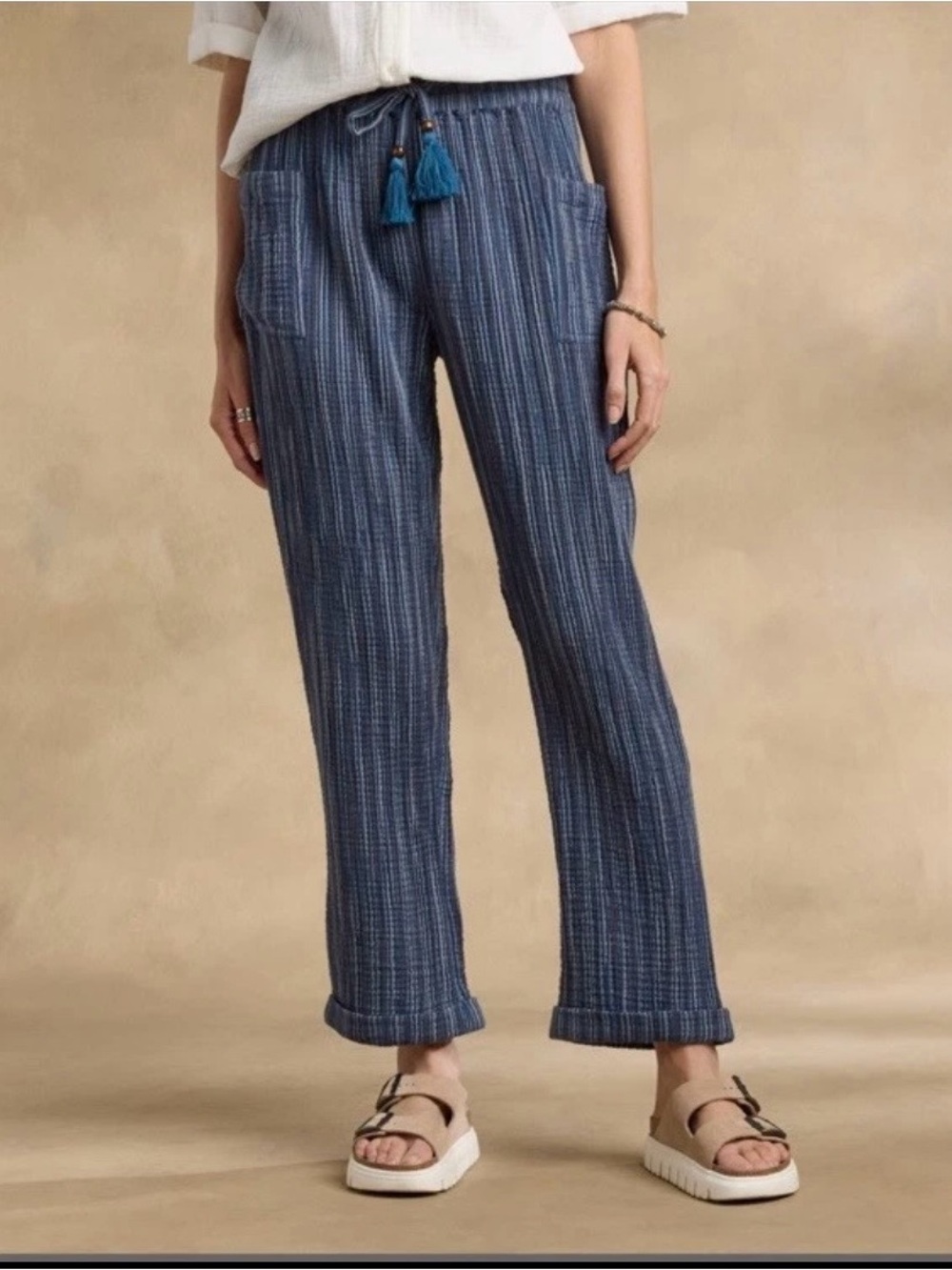 Sundance Catalog Campari Pants Striped Cotton Boho Tassel Drawstring Size Small